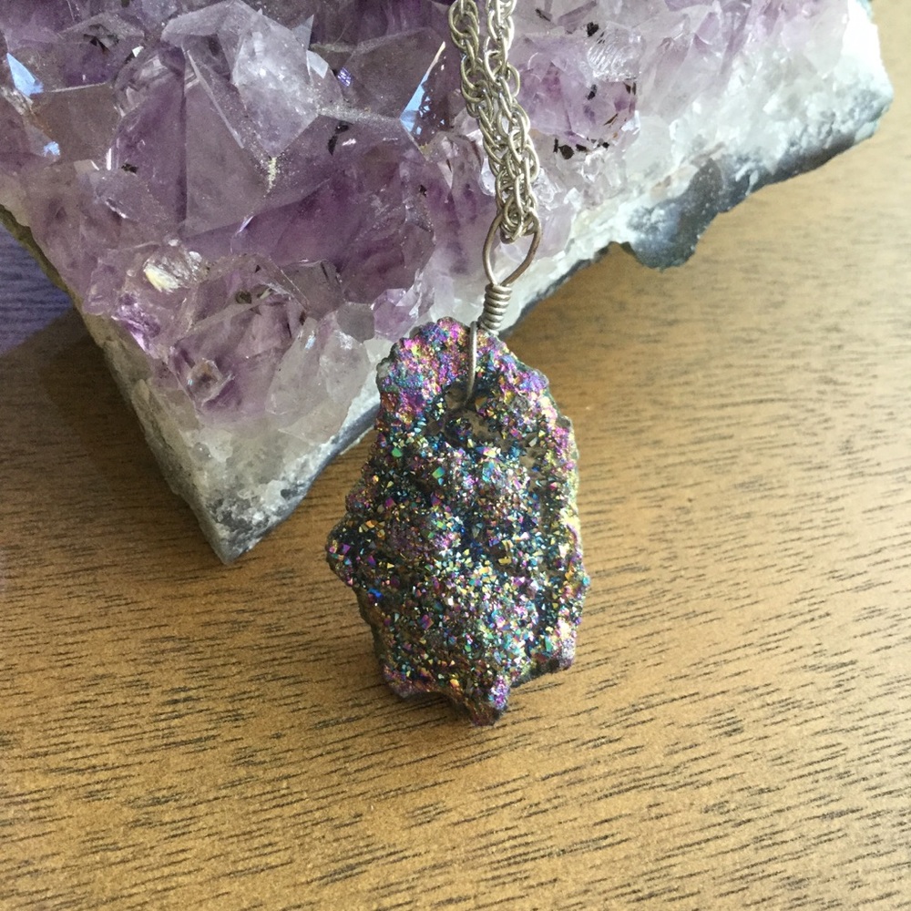 Crystal Geode Druzy Rainbow Aura Necklace